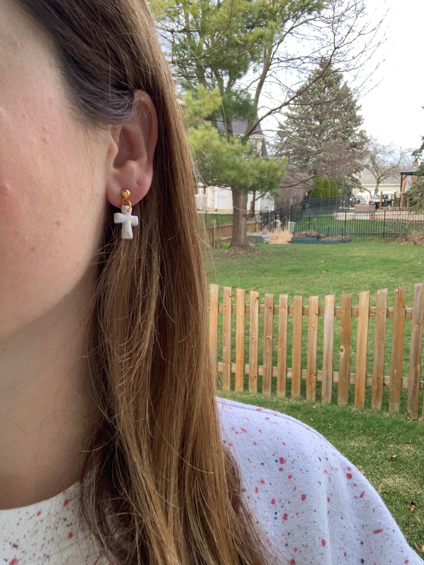 White Cross with Gold Earrings