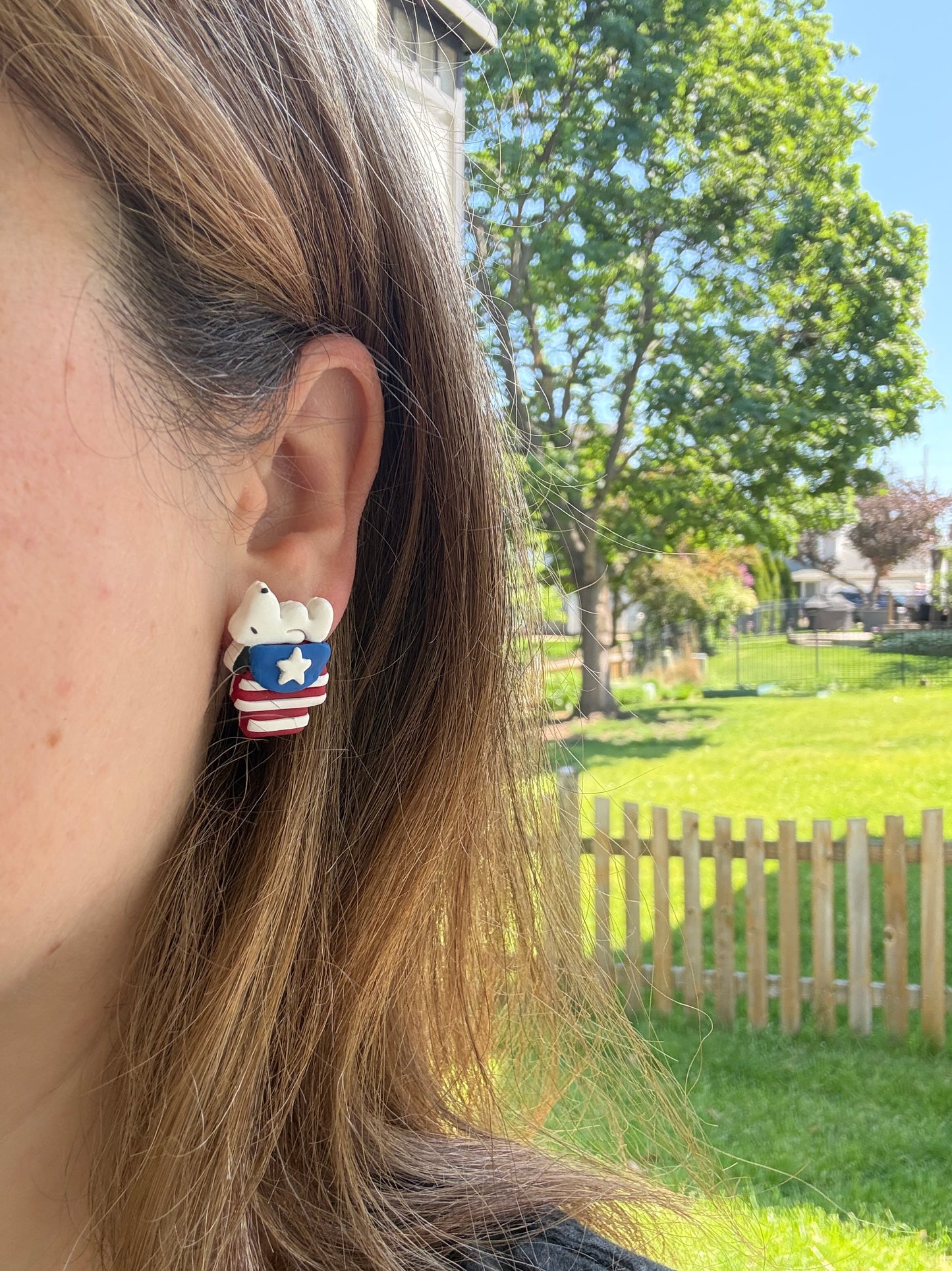 Patriotic Snoopy Clay Earrings, Magnet, and Pin