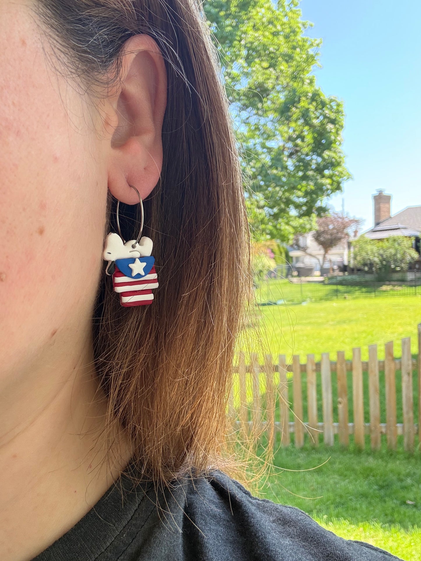 Patriotic Snoopy Clay Earrings, Magnet, and Pin