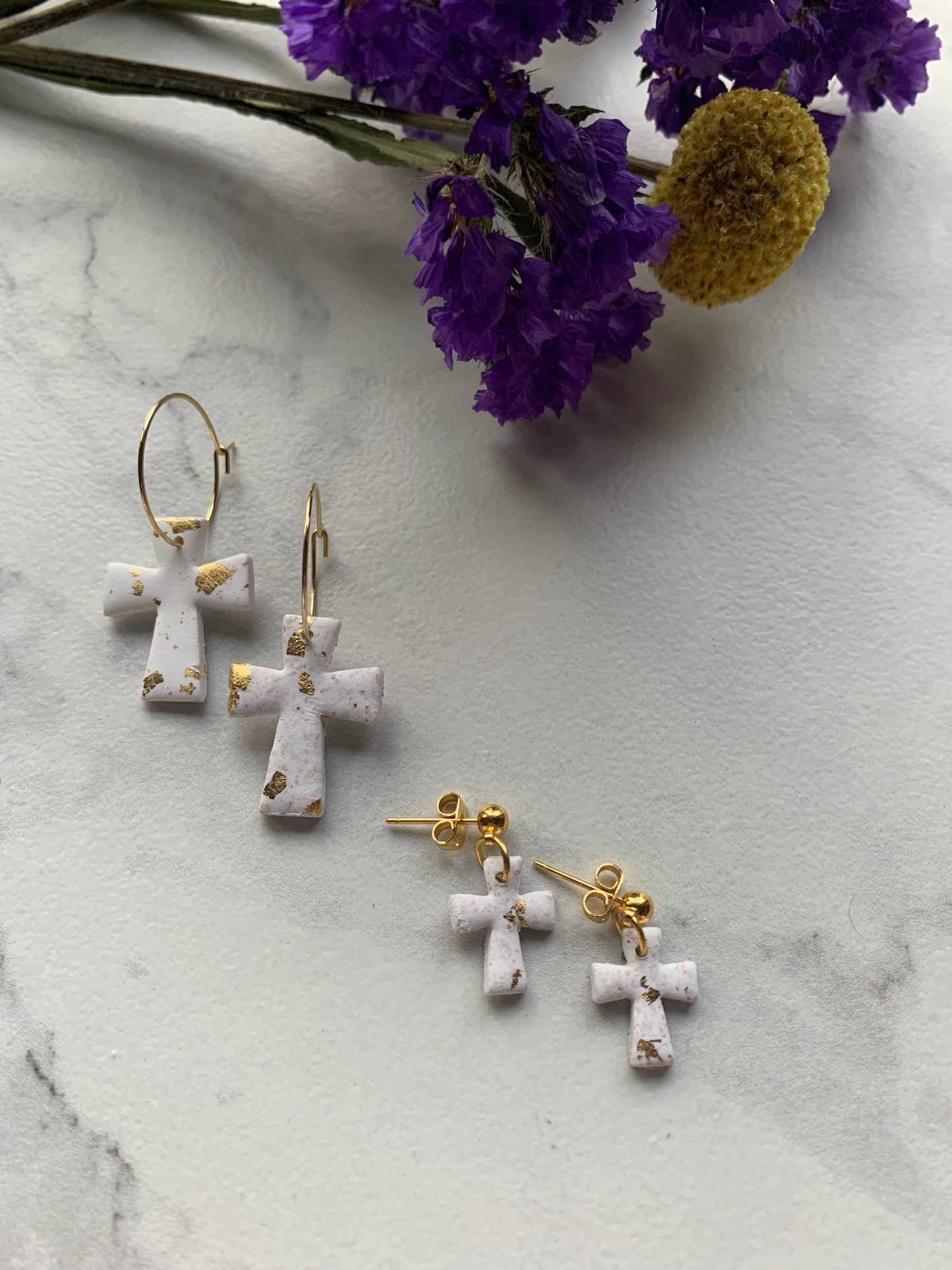 White Cross with Gold Earrings